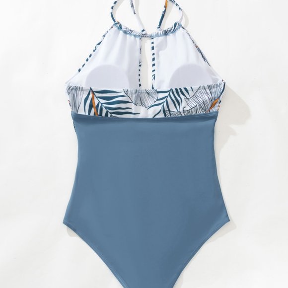 New Tropical Print Ruched Halter One Piece Swimsuit Dusty Blue - Picture 2 of 4